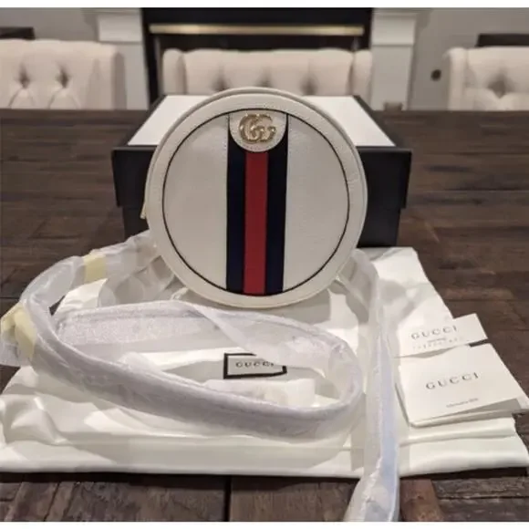 NEW! GUCCI ROUND LEATHER WHITE WEB BACKPACK SHOULDER BAG AUTHENTIC BOX! - Picture 4 of 9